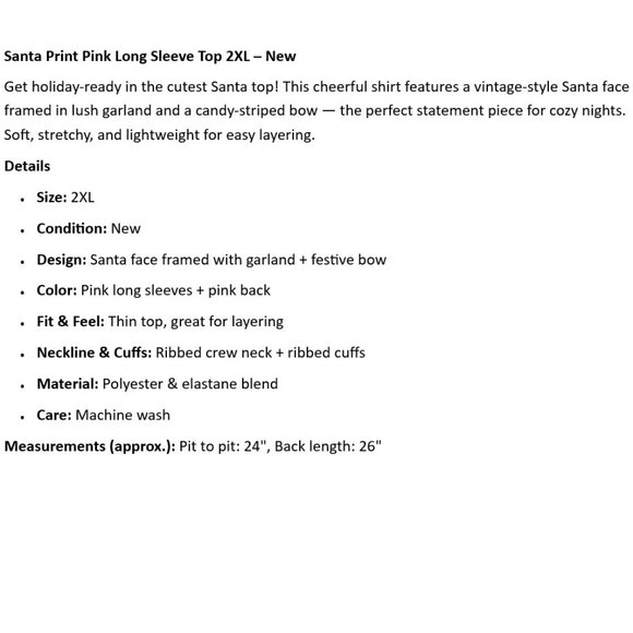 Santa Print Pink Long Sleeve Top 2XL – New - Picture 2 of 4